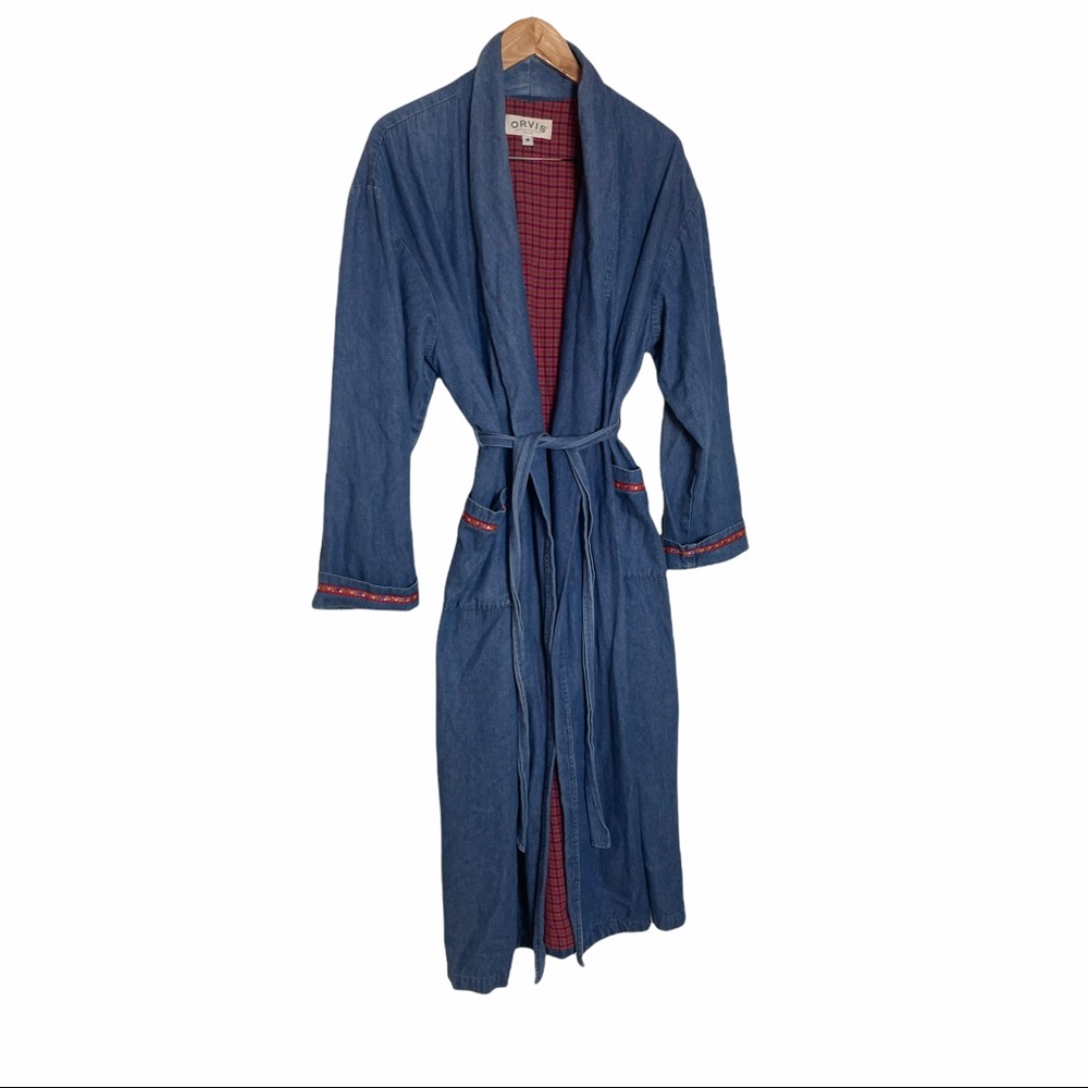 Orvis Chambray Denim Plaid Lined Robe M